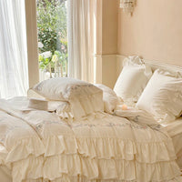 Thumbnail for Clean Floral 3 Layers Ruffles Embroidery Girl Duvet Cover, Egyptian Cotton Bedding Set