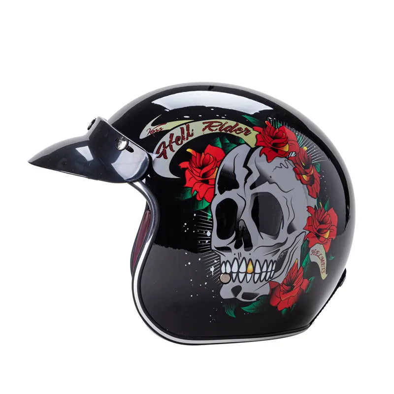 Vintage Rose Skull Open Face Racer Retro Motocross Motorcycle Helmets