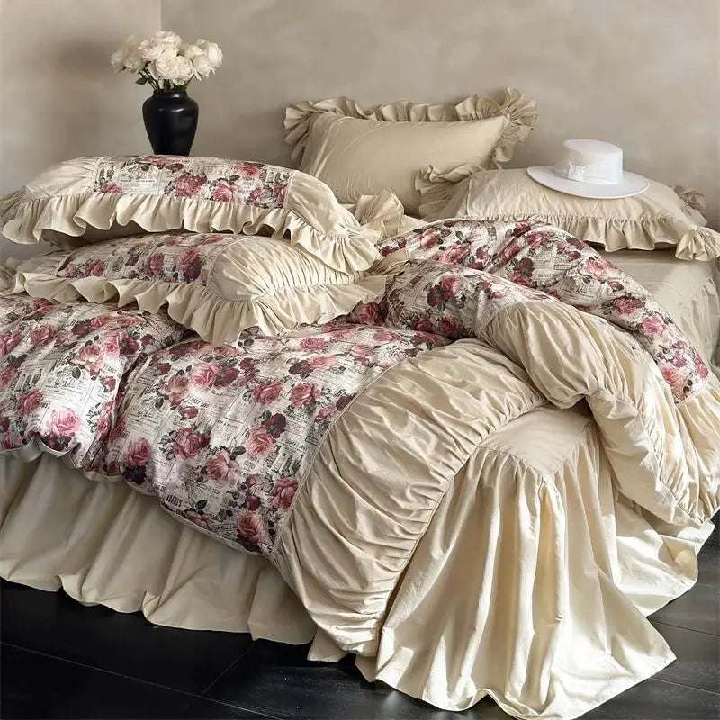 Vintage Rose Classic Oil Painting Rose Print Bedskirt Cotton Bedding Set