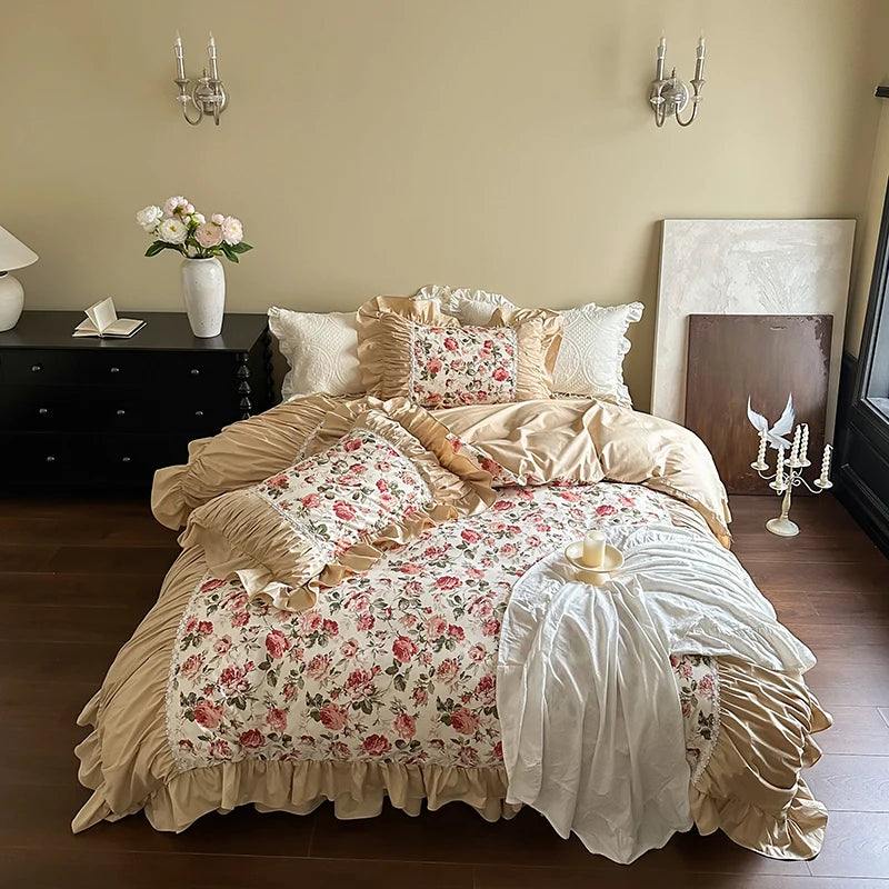 Vintage Beauty Rose Floral Pleat Bedskirt Cotton Bedding