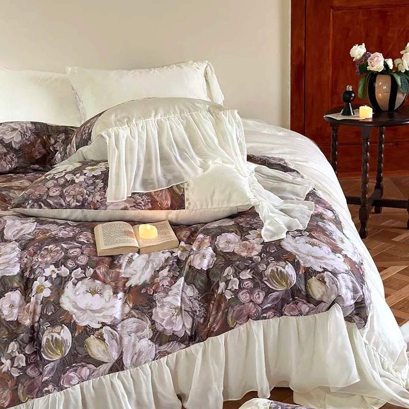 Romantic Vintage Flowers Pattern French Egyptian Cotton 1000TC Bedding Set