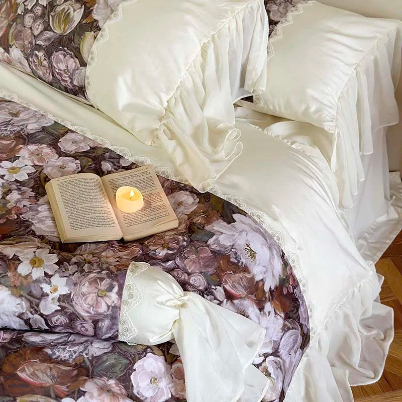 Romantic Vintage Flowers Pattern French Egyptian Cotton 1000TC Bedding Set