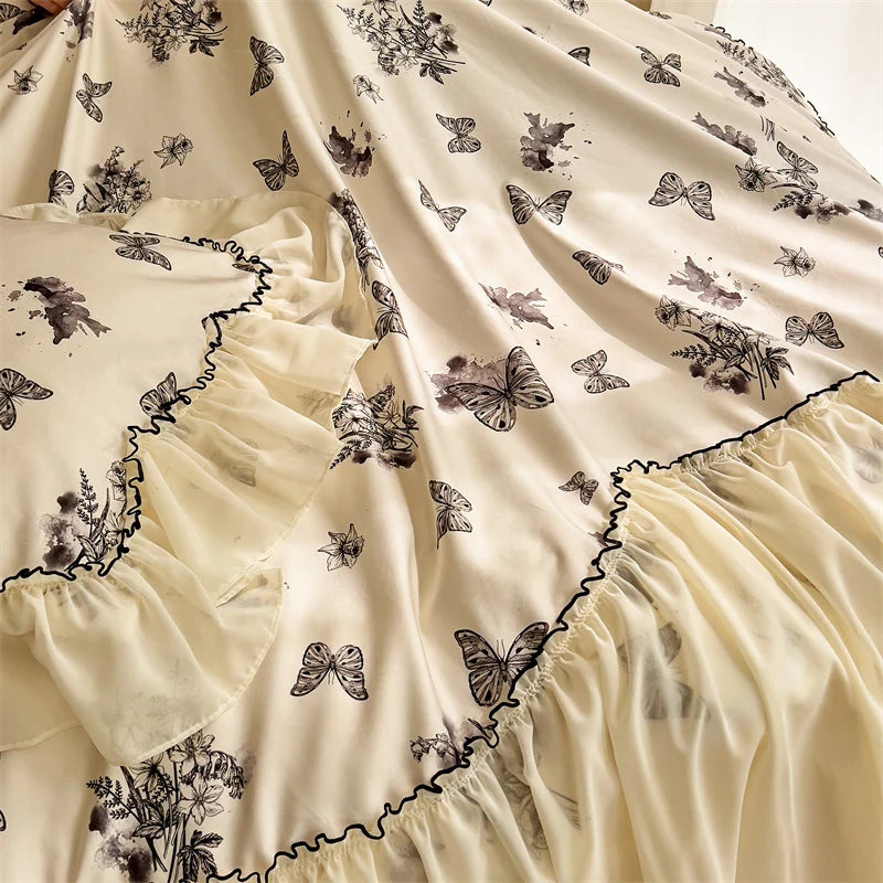 Vintage French Black Butterfly Flowers Print Egyptian Cotton Bedding Set