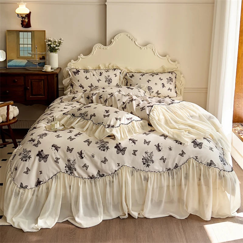 Vintage French Black Butterfly Flowers Print Egyptian Cotton Bedding Set