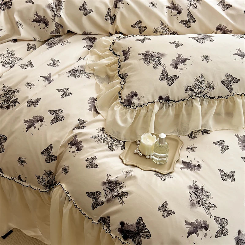 Vintage French Black Butterfly Flowers Print Egyptian Cotton Bedding Set