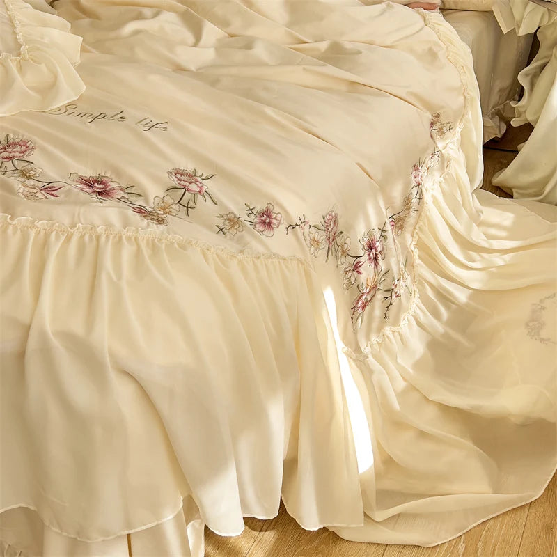 Pink Vintage French Beige Ruffles Flowers Embroidered Egyptian Cotton 1000TC Bedding Set