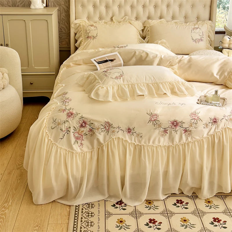 Pink Vintage French Beige Ruffles Flowers Embroidered Egyptian Cotton 1000TC Bedding Set