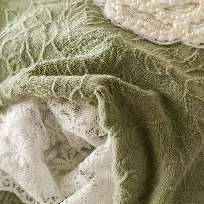 Elegant Green Carved Velvet Lace Trim Cozy Bedding Set