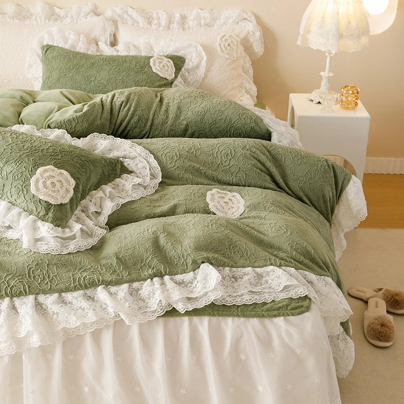 Elegant Green Carved Velvet Lace Trim Cozy Bedding Set