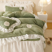 Thumbnail for Elegant Green Carved Velvet Lace Trim Cozy Bedding Set