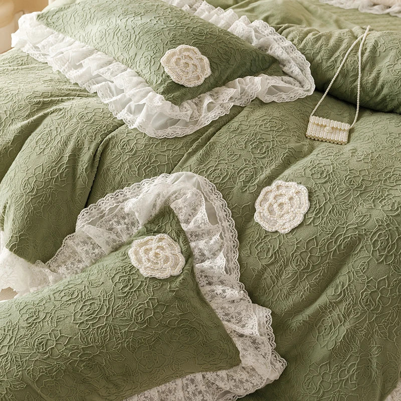 Elegant Green Carved Velvet Lace Trim Cozy Bedding Set