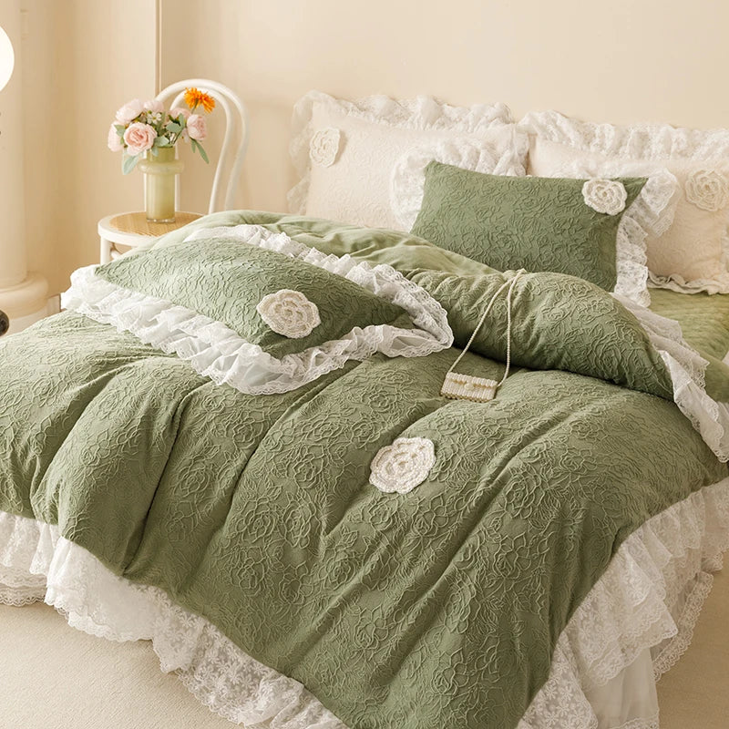 Elegant Green Carved Velvet Lace Trim Cozy Bedding Set