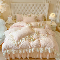 Thumbnail for Pink White Princess Embroidered Winter Warm Carved Velvet Duvet Cover Bedding Set