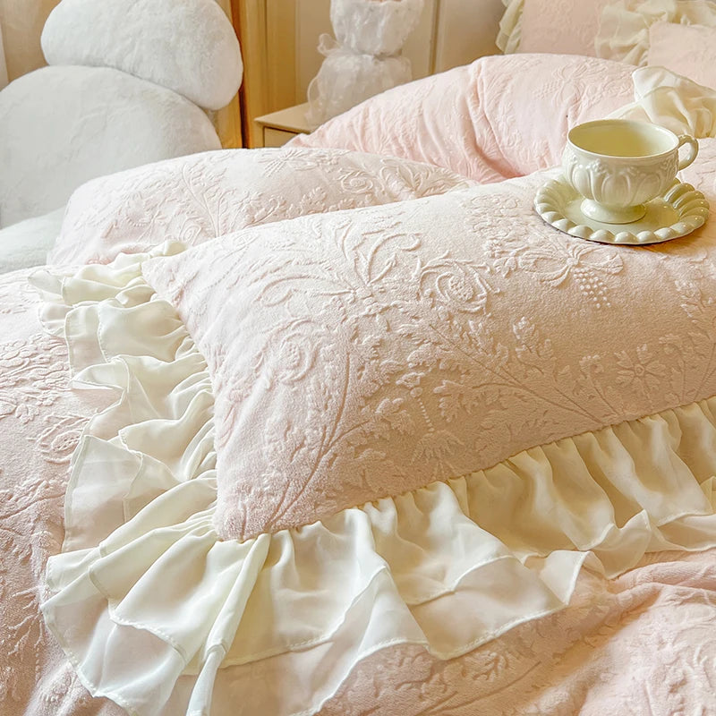 Pink White Princess Embroidered Winter Warm Carved Velvet Duvet Cover Bedding Set