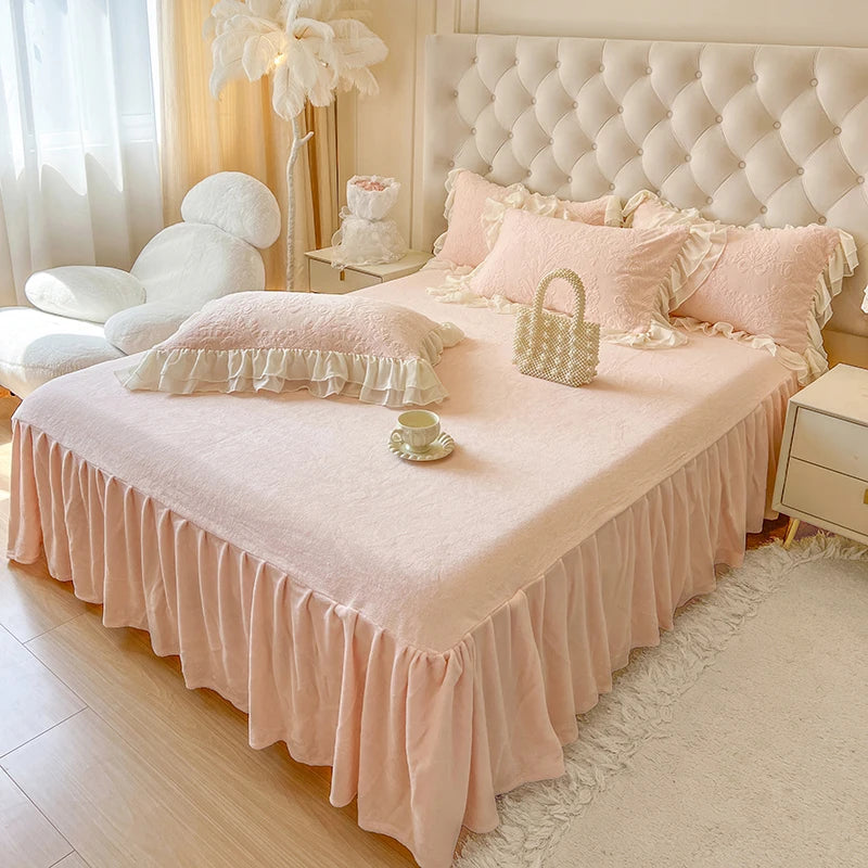 Pink White Princess Embroidered Winter Warm Carved Velvet Duvet Cover Bedding Set