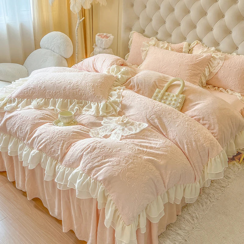 Pink White Princess Embroidered Winter Warm Carved Velvet Duvet Cover Bedding Set