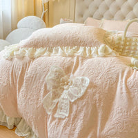 Thumbnail for Pink White Princess Embroidered Winter Warm Carved Velvet Duvet Cover Bedding Set