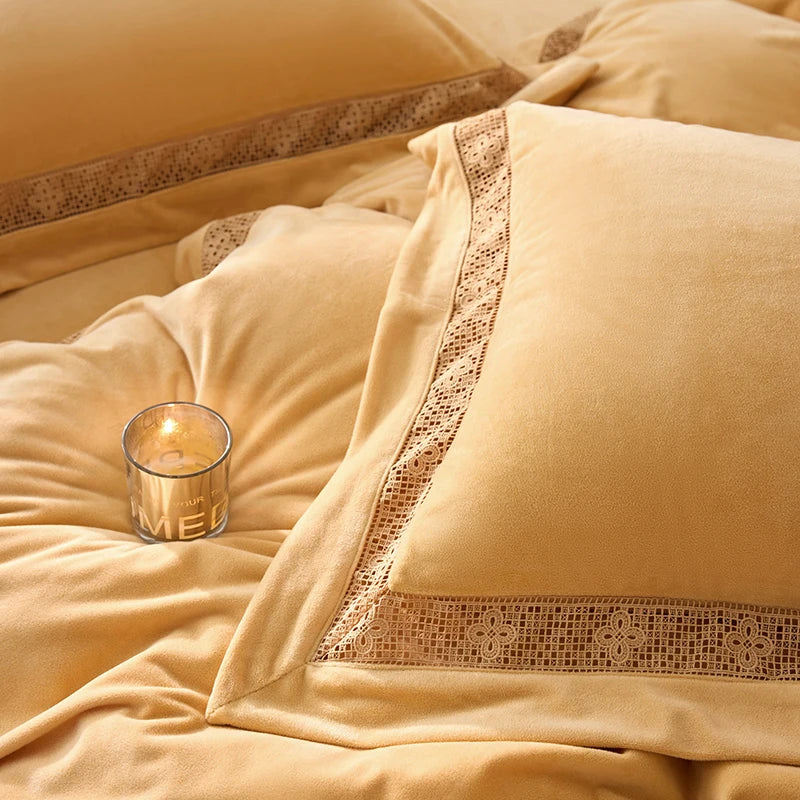 Gold Grey Winter Warm Thick Velvet Lace Duvet Cover Bedding Set