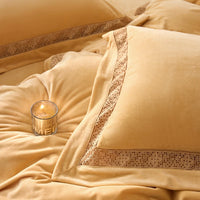 Thumbnail for Gold Grey Winter Warm Thick Velvet Lace Duvet Cover Bedding Set