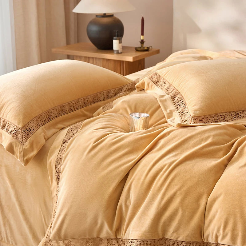 Gold Grey Winter Warm Thick Velvet Lace Duvet Cover Bedding Set