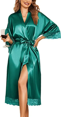 Thumbnail for Green Purple Women Sexy Long Kimono Dress Lace Sleepwear