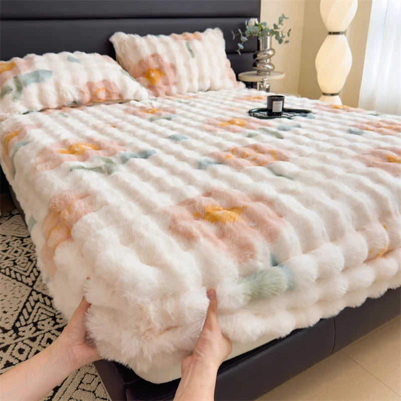 Colorful Thicken Plush Mattress Cover Winter Warm Softest for Quilted Bedding