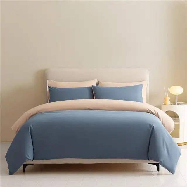 White Blue Premium Brushed Cotton Reversible Duvet Cover Zipper Bedding set