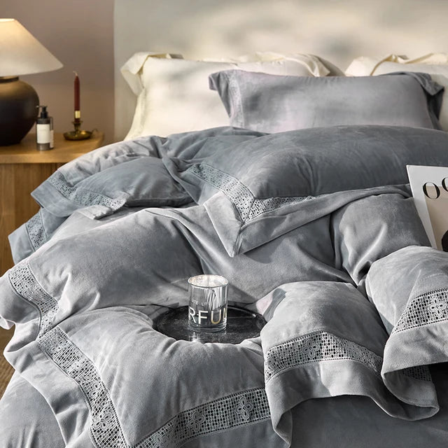 Gold Grey Winter Warm Thick Velvet Lace Duvet Cover Bedding Set