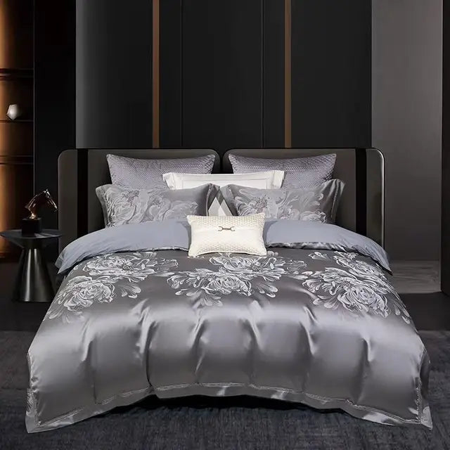 Luxury Blue Royal Silver Satin Cotton 800TC Duvet Cover Bedding Set