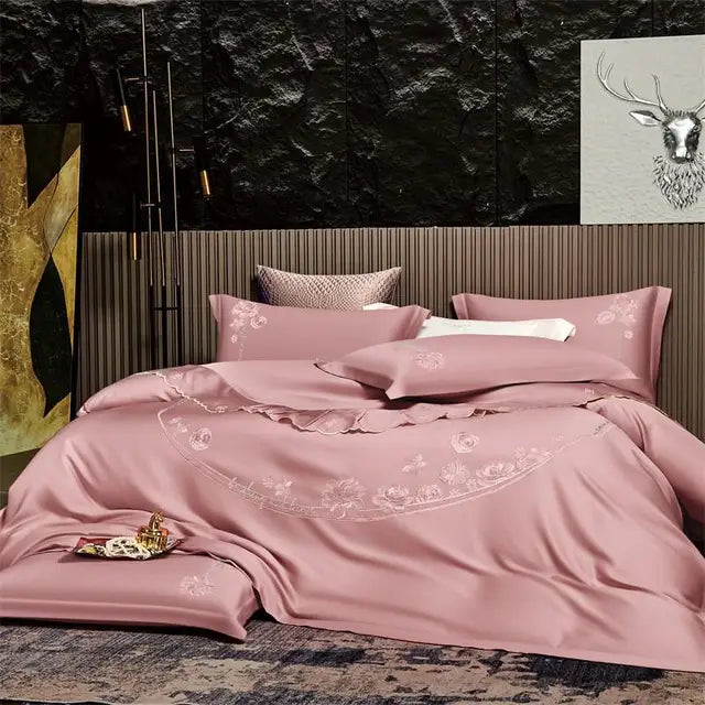 Elegant Floral Embroidered Silky Soft Natural Eucalyptus Lyocell Bedding Set