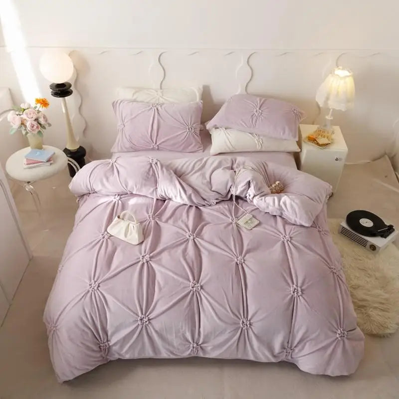 Beige Modern Warm Velvet Fluffy Flower Pleated Pearl Bedding Set