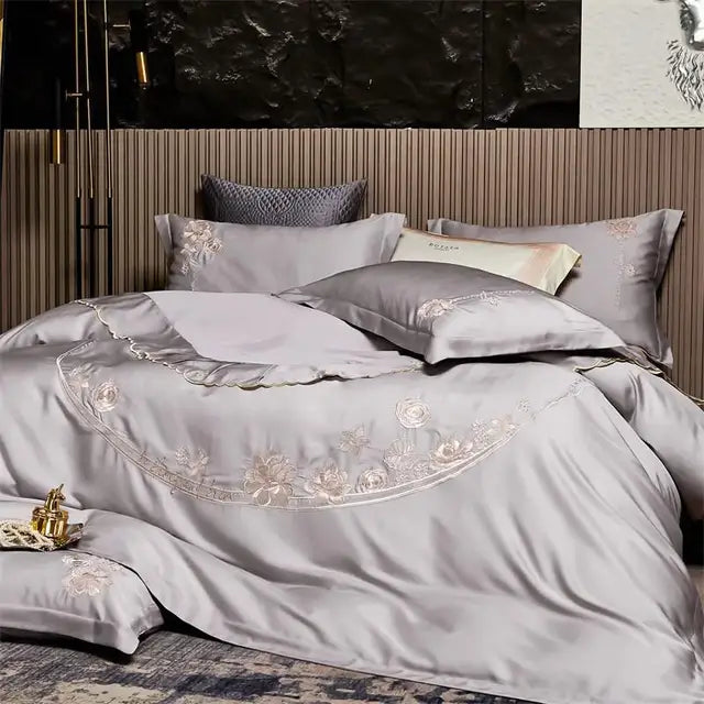 Elegant Floral Embroidered Silky Soft Natural Eucalyptus Lyocell Bedding Set