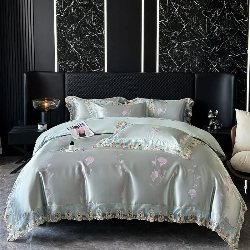 Green Gold Jacquard Weave Chic Soft Satin Bedding Set