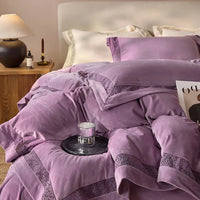 Thumbnail for Gold Grey Winter Warm Thick Velvet Lace Duvet Cover Bedding Set