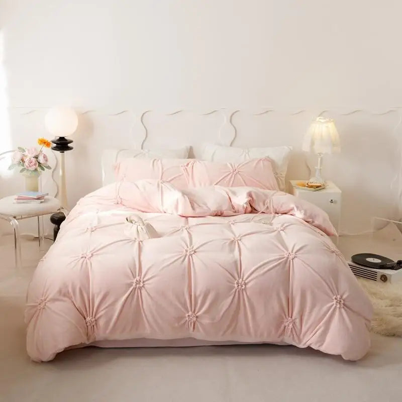 Beige Modern Warm Velvet Fluffy Flower Pleated Pearl Bedding Set