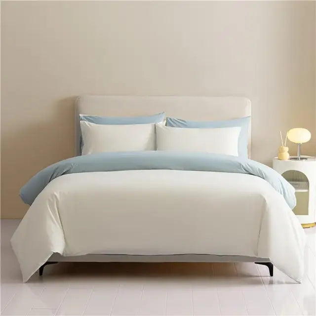 White Blue Premium Brushed Cotton Reversible Duvet Cover Zipper Bedding set