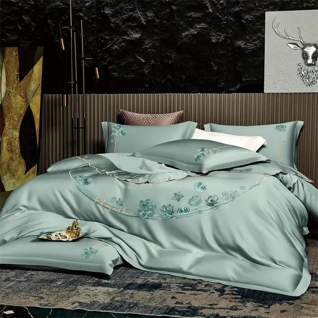 Elegant Floral Embroidered Silky Soft Natural Eucalyptus Lyocell Bedding Set