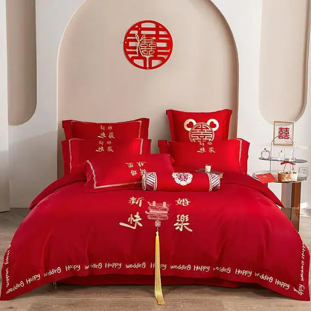 Luxury Red Happiness Blossom Embroidered Wedding Egyptian Cotton 1000TC Bedding Set