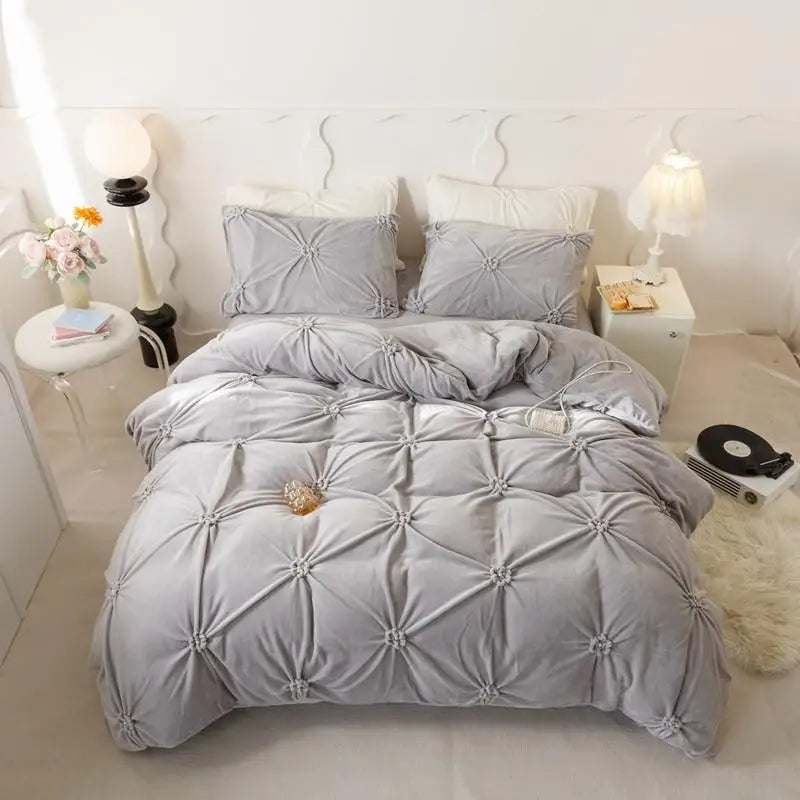 Beige Modern Warm Velvet Fluffy Flower Pleated Pearl Bedding Set