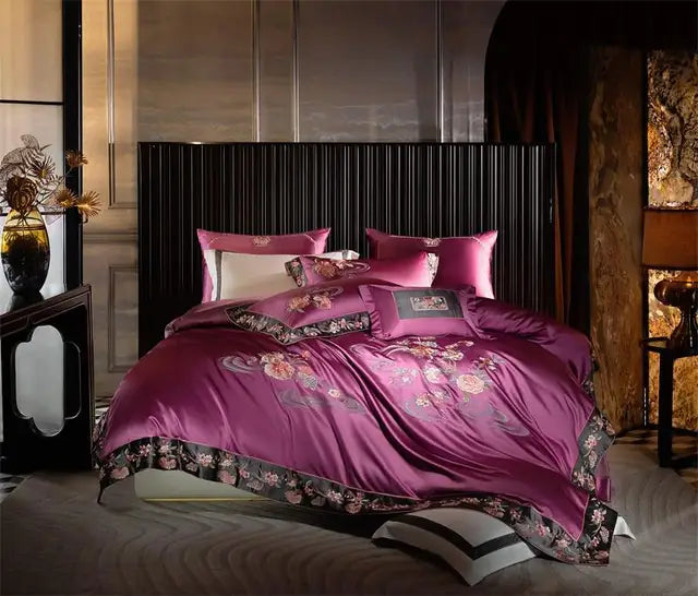 Luxury Oriental Embroidery Satin Cotton 1000TC Duvet Cover Bedding Set