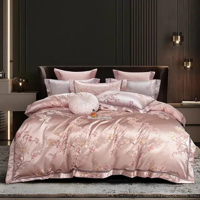 Luxury Pink Silver Floral European Jacquard Satin Bedding set