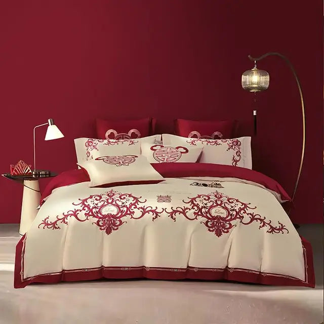 Luxury Red Happiness Blossom Embroidered Wedding Egyptian Cotton 1000TC Bedding Set