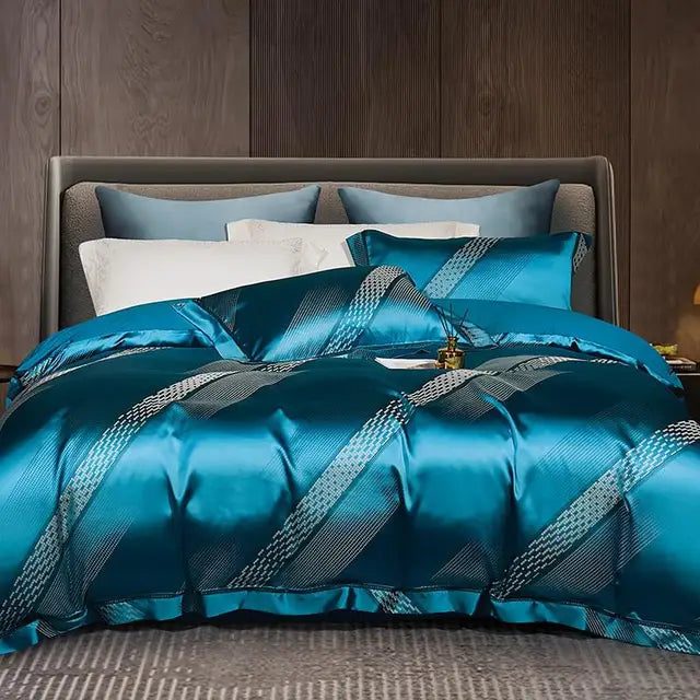 Luxury Blue Royal Silver Satin Cotton 800TC Duvet Cover Bedding Set