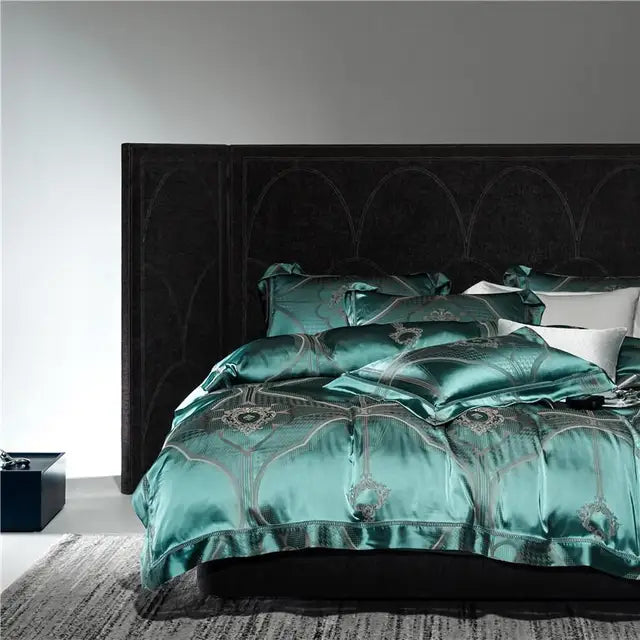 European Peacock Blue Gray Luxury Jacquard Egyptian cotton 1000TC Bedding Set