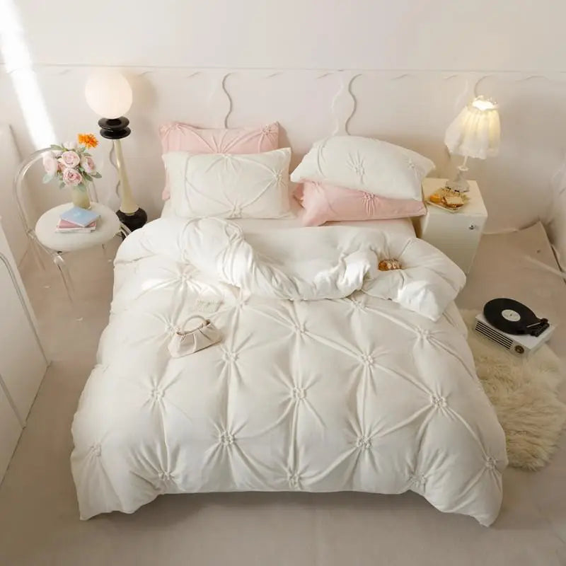 Beige Modern Warm Velvet Fluffy Flower Pleated Pearl Bedding Set