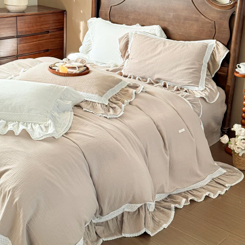 White French Vintage Princess Pure Cotton Double Layer Crinkle Yarn Bedding Set