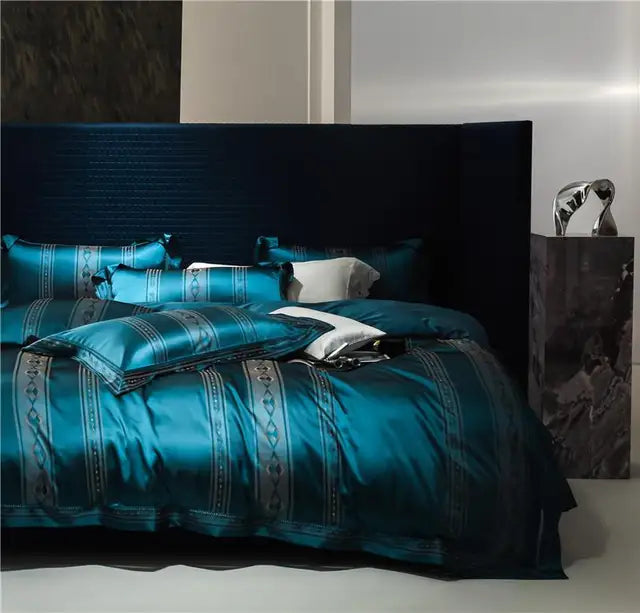 European Peacock Blue Gray Luxury Jacquard Egyptian cotton 1000TC Bedding Set