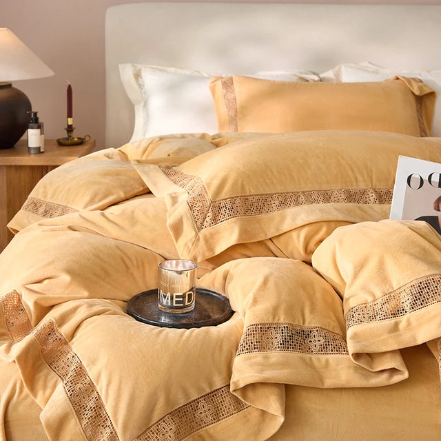 Gold Grey Winter Warm Thick Velvet Lace Duvet Cover Bedding Set