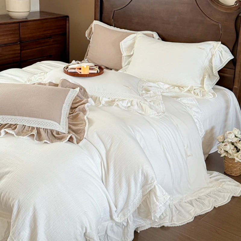 White French Vintage Princess Pure Cotton Double Layer Crinkle Yarn Bedding Set