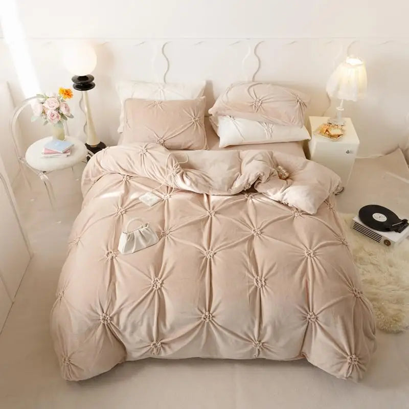 Beige Modern Warm Velvet Fluffy Flower Pleated Pearl Bedding Set